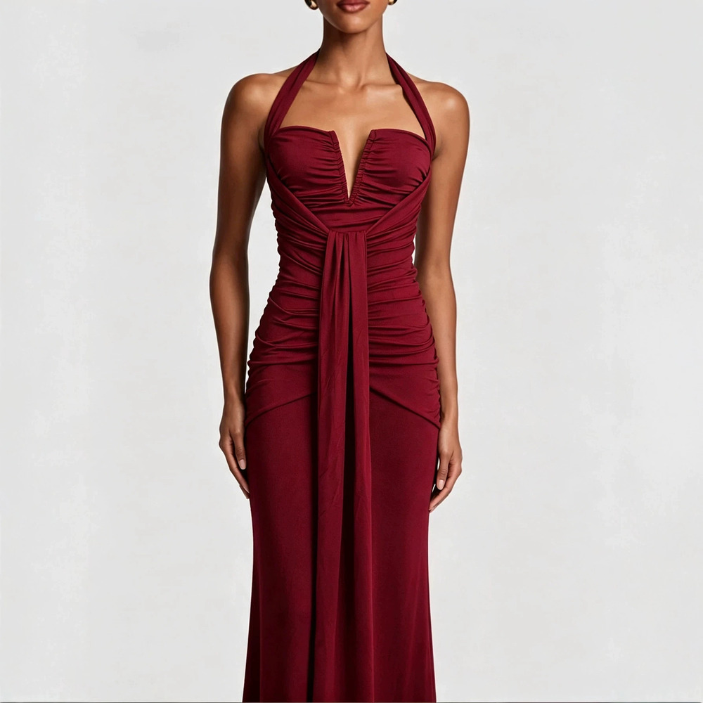 H&M Deep V Halter Mermaid Evening Gown Pleated Waist Sash Bodycon Maxi Party